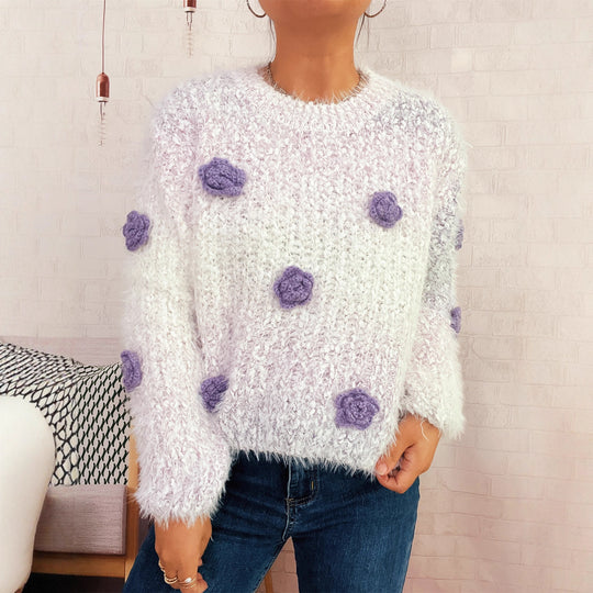 Damen gemütlicher, fluffiger Pullover mit verspielten Blumenapplikationen EB