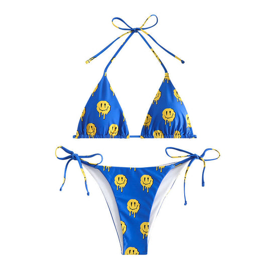 Damen Triangel-Bikini mit fröhlichem Smiley-Muster und verstellbaren Bindebändern EB
