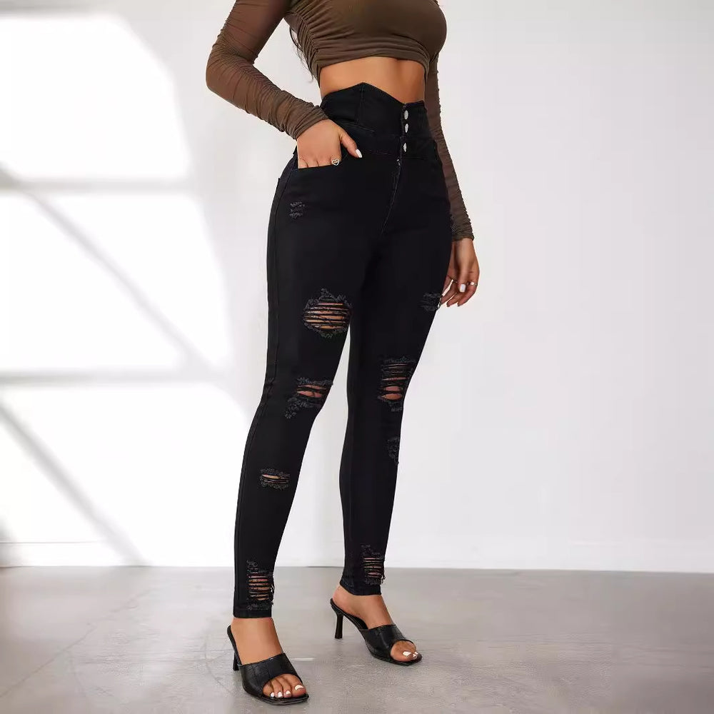 Damen High-Waist Jeans mit modischen Riss- und Knopfdetails EB