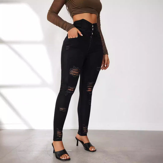 Damen High-Waist Jeans mit modischen Riss- und Knopfdetails EB
