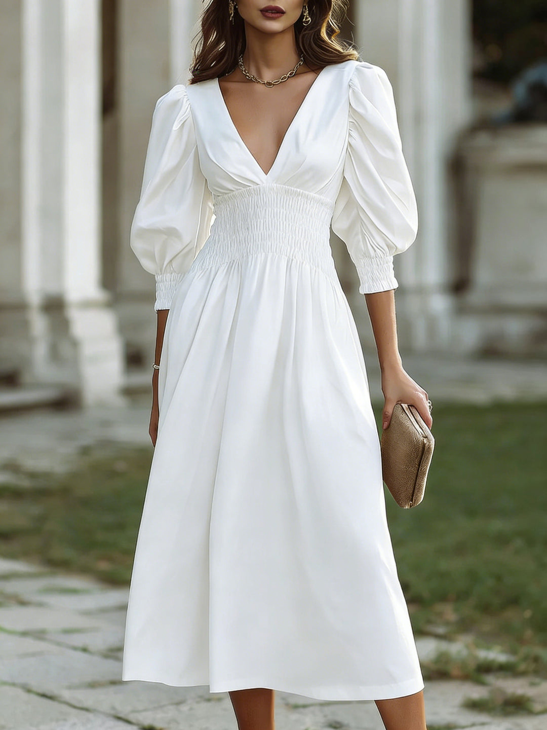 Damen Maxikleid mit schmaler Taille und Puffärmeln EB