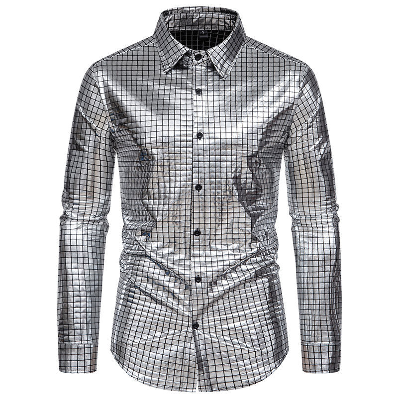 Herren Glänzendes Fashion-Hemd mit quadratischem Muster EB