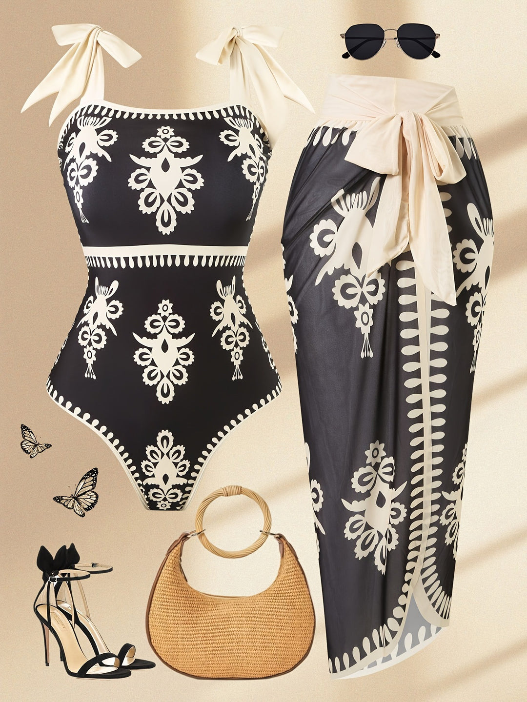 Damen eleganter Badeanzug mit verstellbaren Trägern und modischem Wickelrock EB