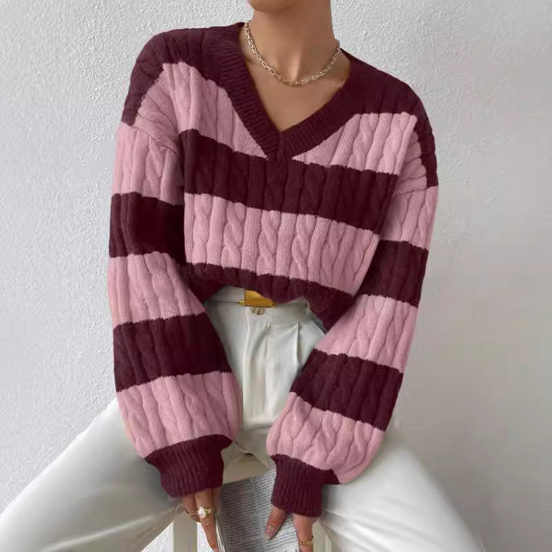 Damen V-Ausschnitt Strickpullover mit Rippstruktur und langen Ärmeln EB
