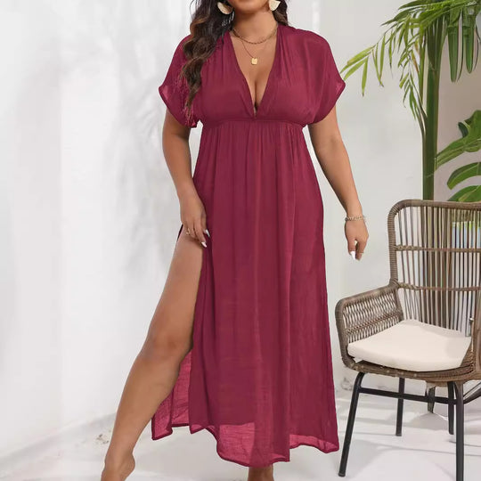 Damen luftiges Maxikleid mit tiefem V-Ausschnitt und seitlichen Schlitzen EB