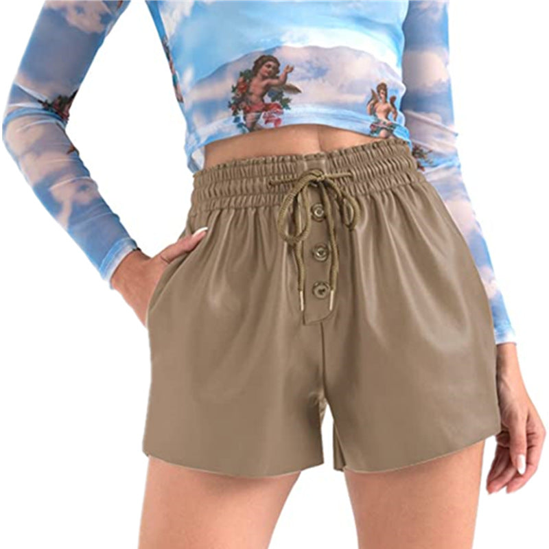 Damen lässige Shorts aus innovativem Kunstleder mit elastischem Bund und praktischen Knopfdetails EB