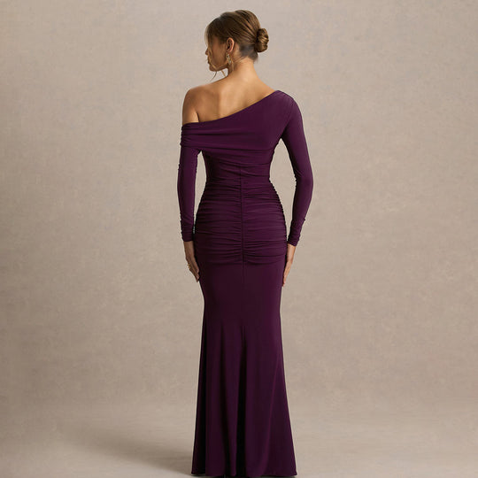 Damen figurbetontes Maxikleid mit asymmetrischem Design und Faltenwurf EB