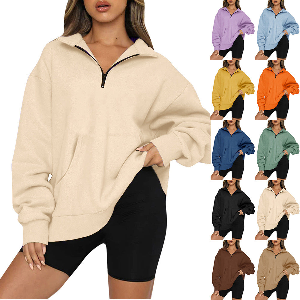 Damen nan Oversize-Halbzip-Kapuzenpullover mit Kängurutasche und verlängertem Saum EB