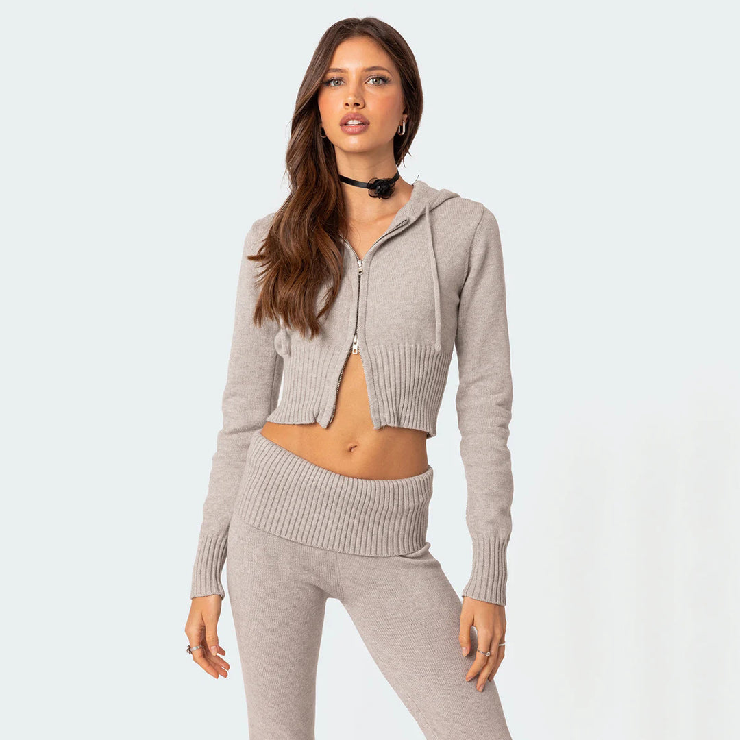 Damen Cropped Strick-Set mit hoher Taille und weitem Bein EB