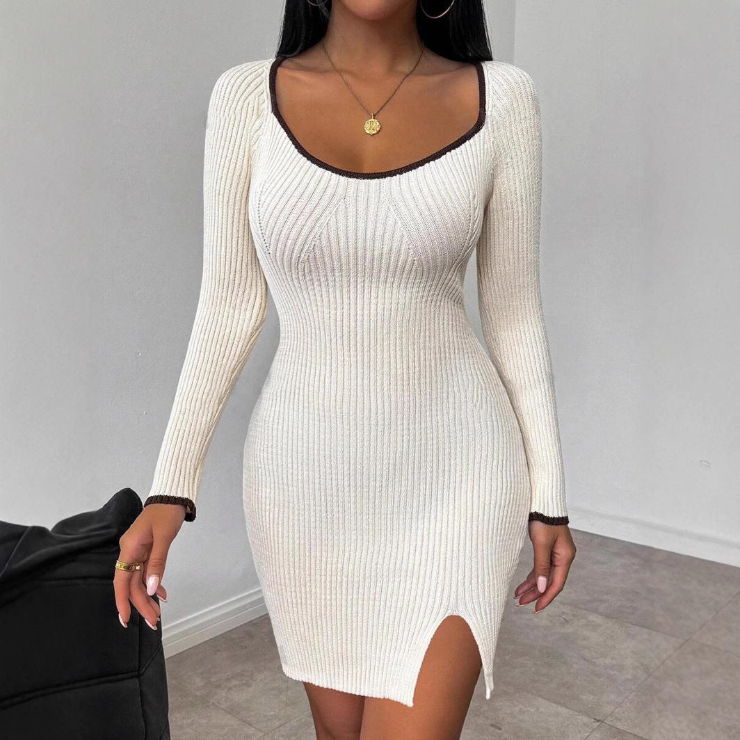 Damen figurbetontes Rippstrickkleid mit tiefem Ausschnitt und Seitenschlitz EB