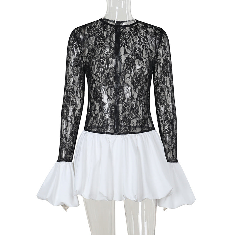 Damen Hochwertiges Spitzen-Kleid mit fließendem Rock EB