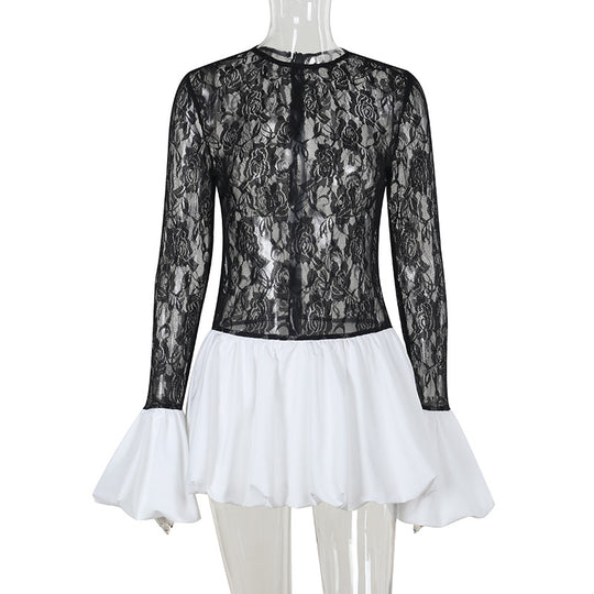 Damen Hochwertiges Spitzen-Kleid mit fließendem Rock EB