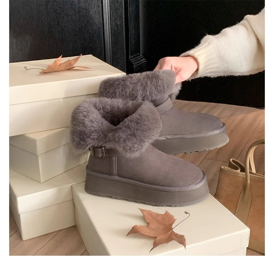 Damen modische Booties mit weichem Kunstfellkragen und praktischem Schnallenverschluss EB