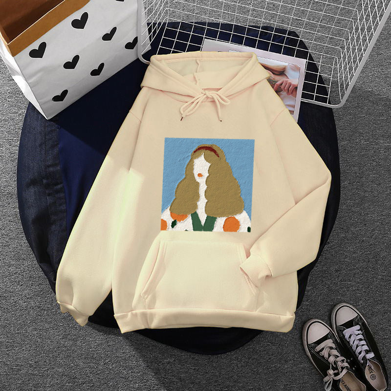 Damen nan Kapuzenpullover mit kunstvoller Chenille-Stickerei im Portraitstil und Kängurutasche EB