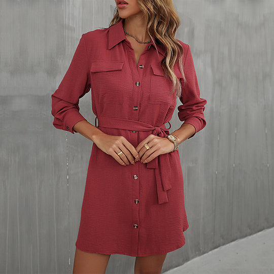 Damen Hemdblusenkleid mit praktischen Taschen und Bindegürtel EB