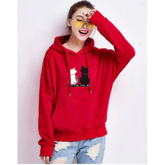 Damen Kapuzenpullover mit Katzen-Print, lockerem Schnitt und Kängurutasche EB