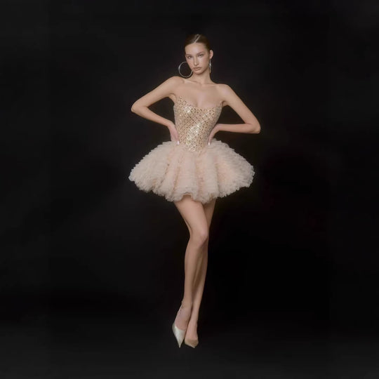 Damen Glamouröses Tüll-Cocktailkleid mit schimmerndem Oberteil EB