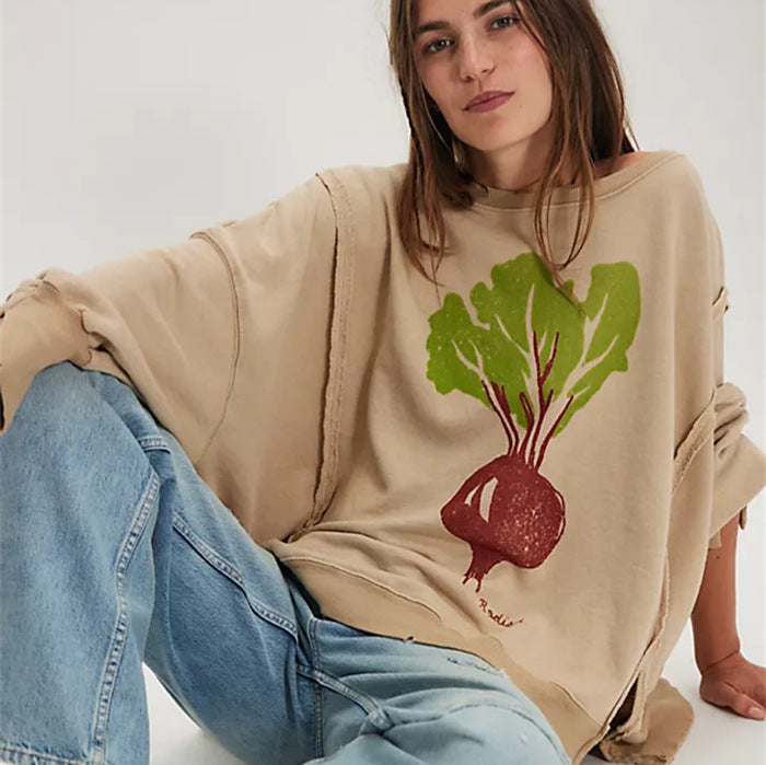 Damen oversized Sweatshirt mit Rüben-Print, ausgefransten Nahtakzenten und Daumenlochärmeln Eichborn Berlin