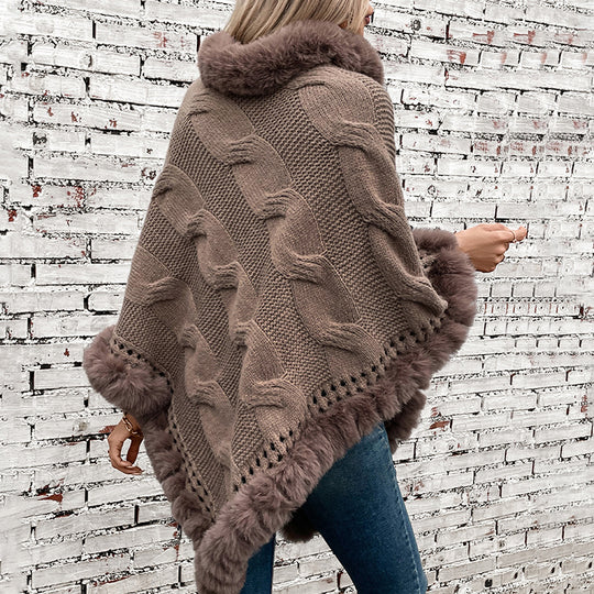 Damen kuschelige Strick-Poncho mit weichem Kunstfellbesatz und Zopfmuster EB