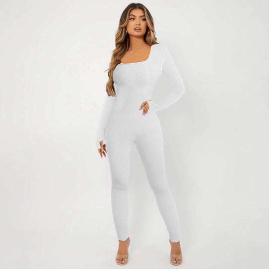 Damen Langarm Jumpsuit im eleganten Rippenmuster EB