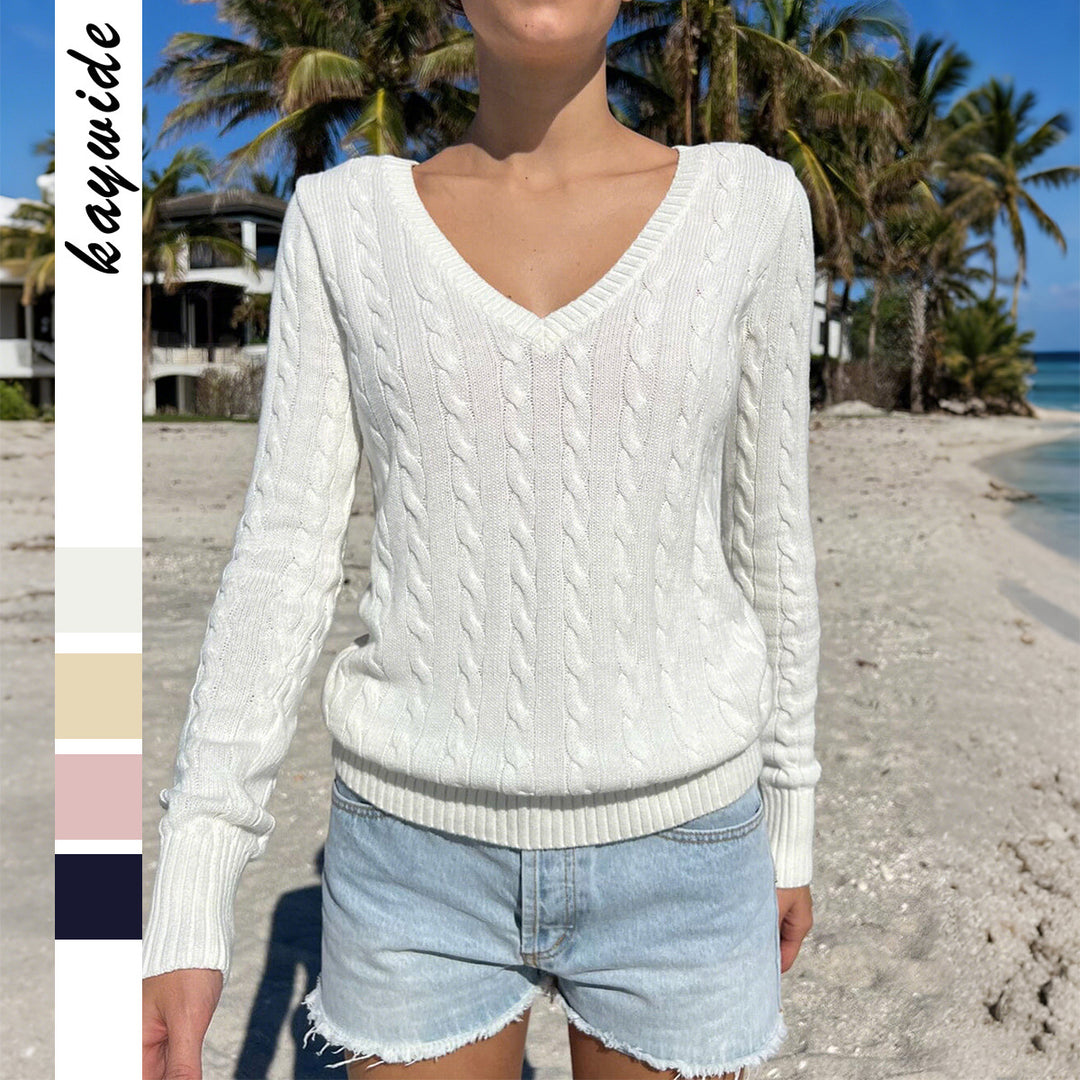 Damen nan Feinstrickpullover mit Zopfmuster, tiefem V‑Ausschnitt und schmaler Bundpassform EB