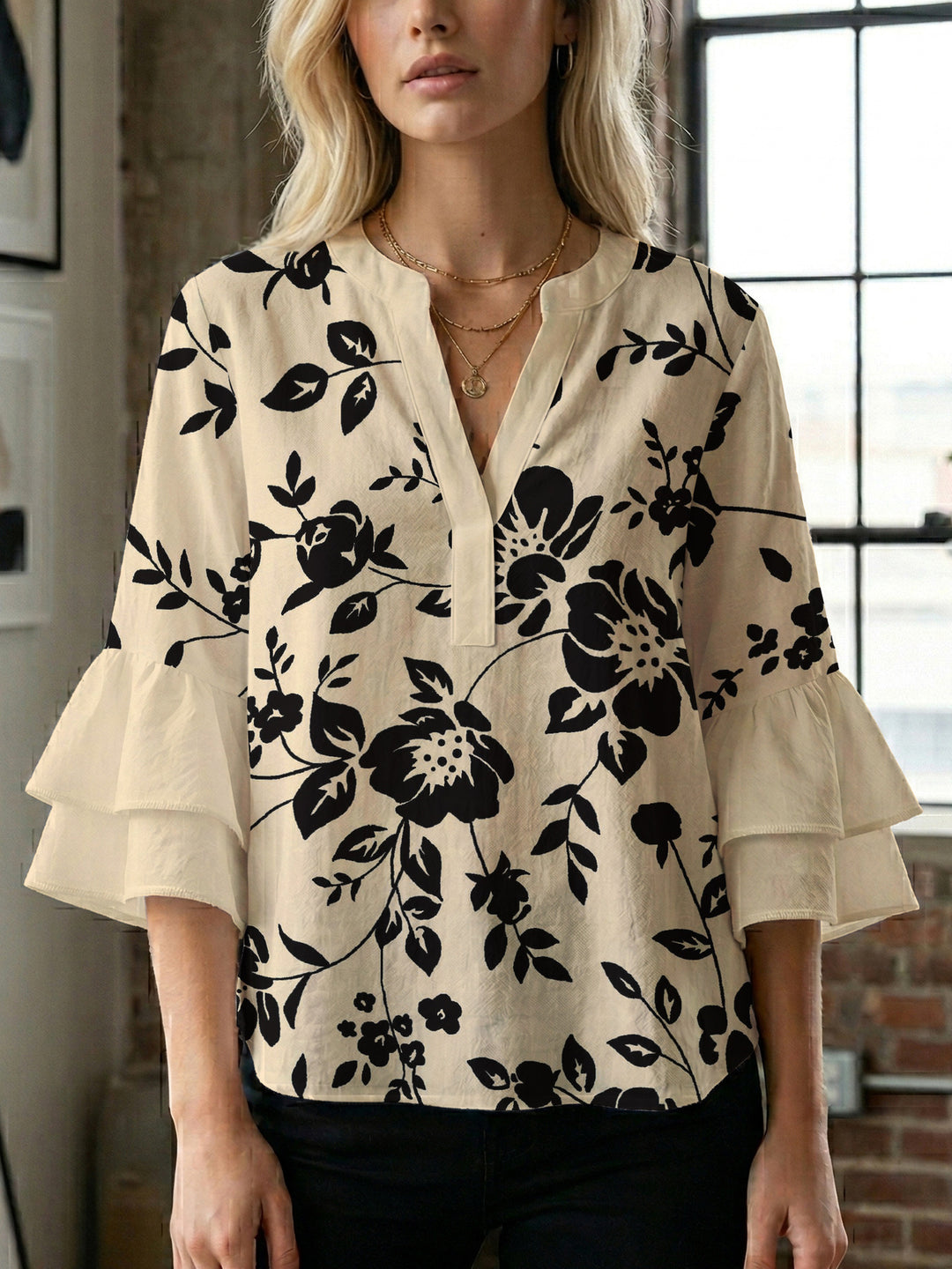 Damen lässige Bluse mit Volantärmeln und botanischem Druck EB