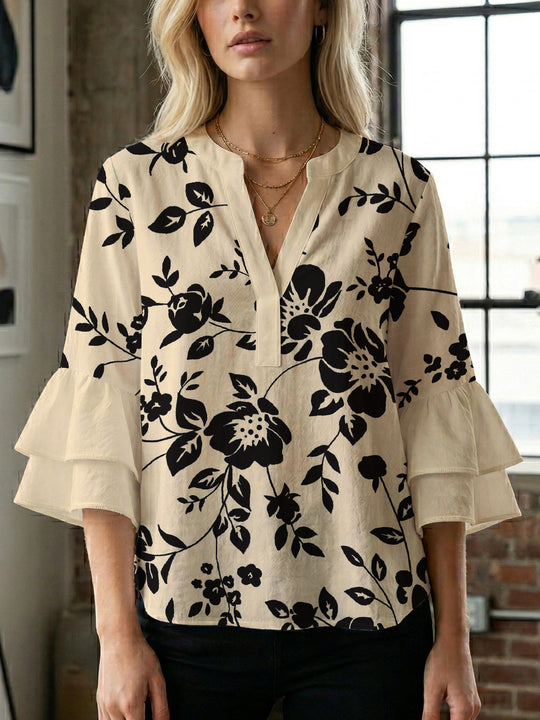 Damen lässige Bluse mit Volantärmeln und botanischem Druck EB