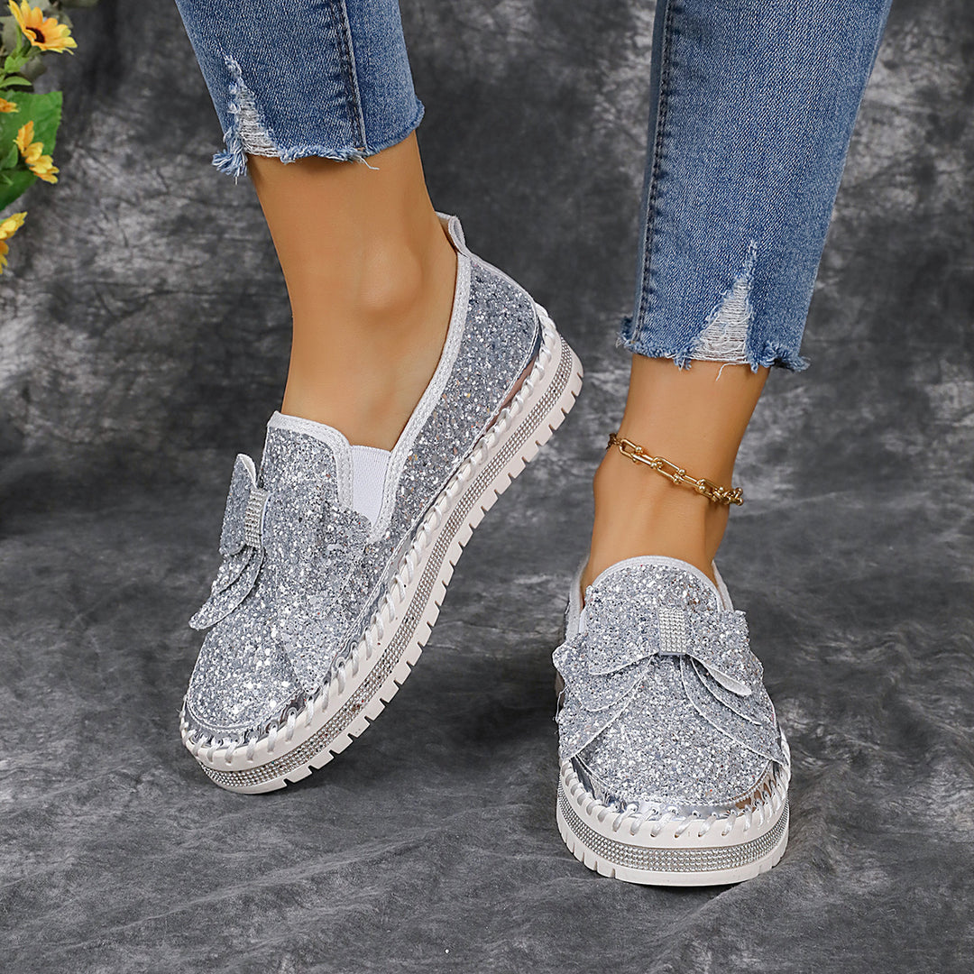 Damen modische Slip-On Sneakers mit glitzerndem Design und auffälliger Schleifenapplikation EB