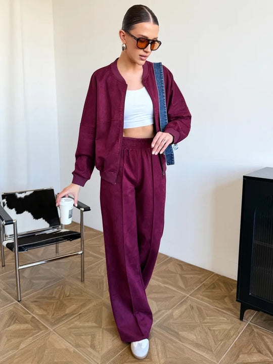 Damen Lässiges Sweatjacken- und Hose-Set mit elastischem Bund EB
