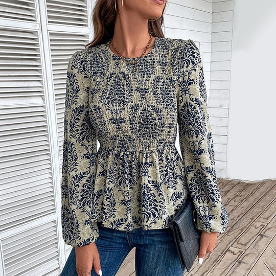 Damen Oberteil mit floralem Design und gerafftem Saum EB