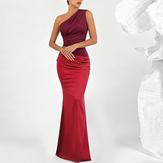 Damen elegantes Maxikleid mit asymmetrischem Oberteil und fließendem Saum EB