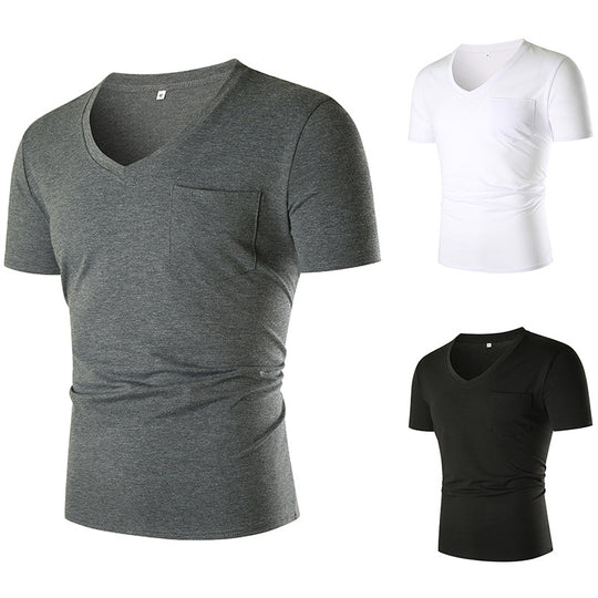 Herren V-Ausschnitt T-Shirt mit Brusttasche und figurbetonter Passform EB