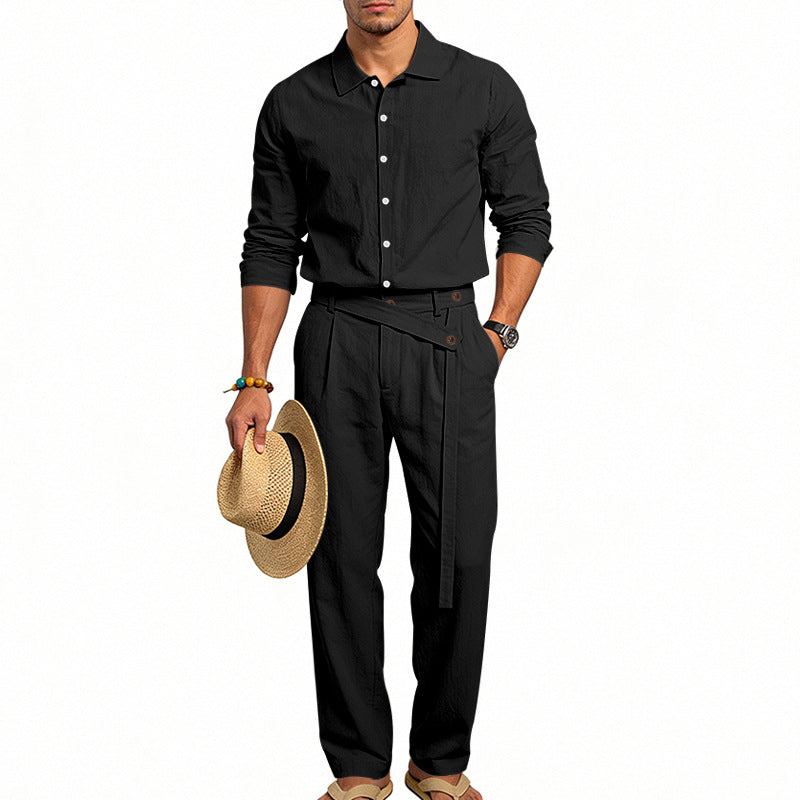 Herren nan eleganter Leinen-Zweiteiler mit Hemd und Hose mit hohem Bund und Bindegürtel EB