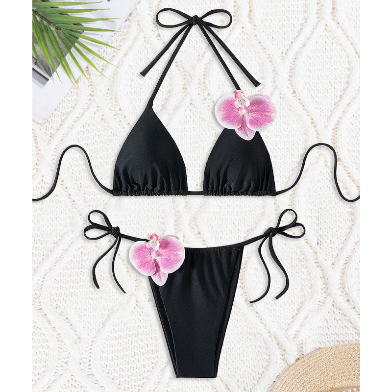 Damen Triangel-Bikini mit dekorativen Orchideen-Details EB