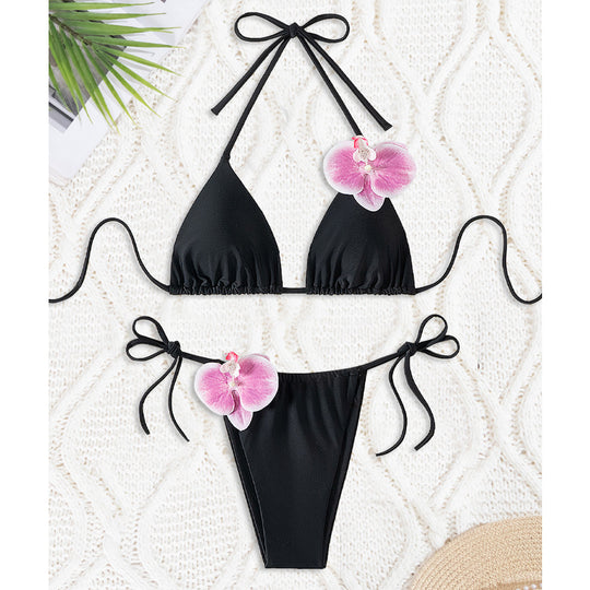 Damen Triangel-Bikini mit dekorativen Orchideen-Details EB