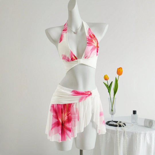 Damen Blumenmuster Bikini-Set mit elegantem Rock EB