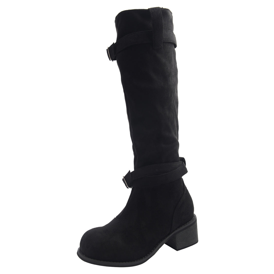 Damen hohe Stiefel mit modischen Schnallen und bequemem Blockabsatz EB