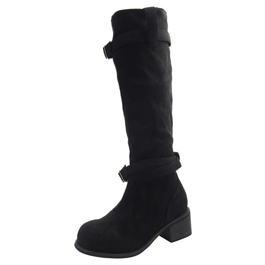 Damen hohe Stiefel mit modischen Schnallen und bequemem Blockabsatz EB