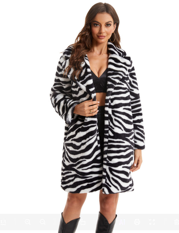 Damen Stylish und flauschiger Kunstfellmantel mit Zebra-Design EB