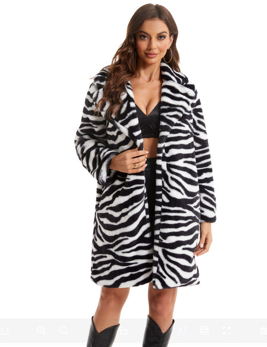 Damen Stylish und flauschiger Kunstfellmantel mit Zebra-Design EB