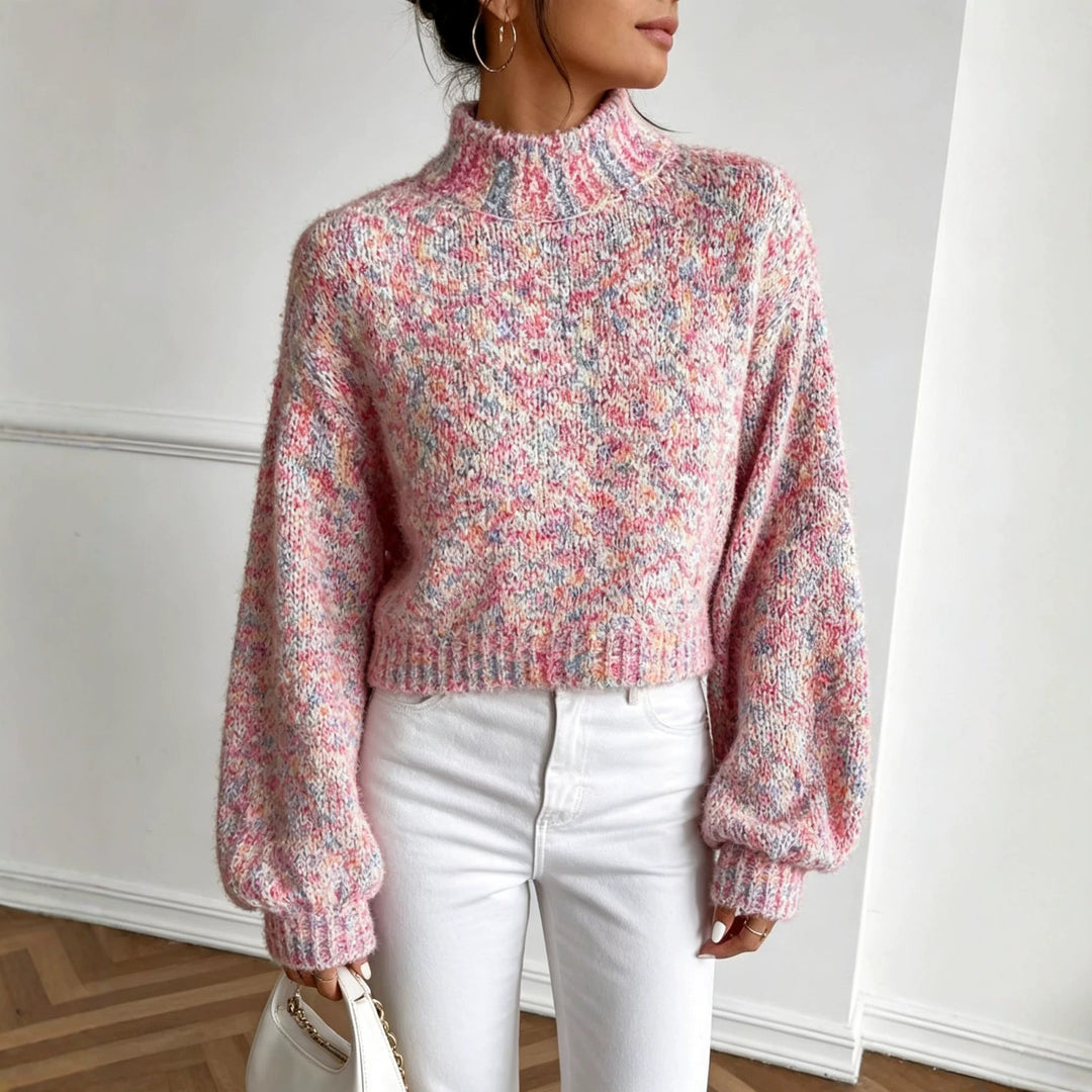 Damen Kurzgeschnittener Oversize-Pullover mit Stehkragen, mehrfarbigem Bouclé-Muster und Ballonärmeln EB