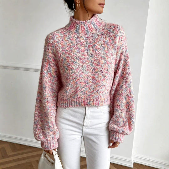 Damen Kurzgeschnittener Oversize-Pullover mit Stehkragen, mehrfarbigem Bouclé-Muster und Ballonärmeln EB