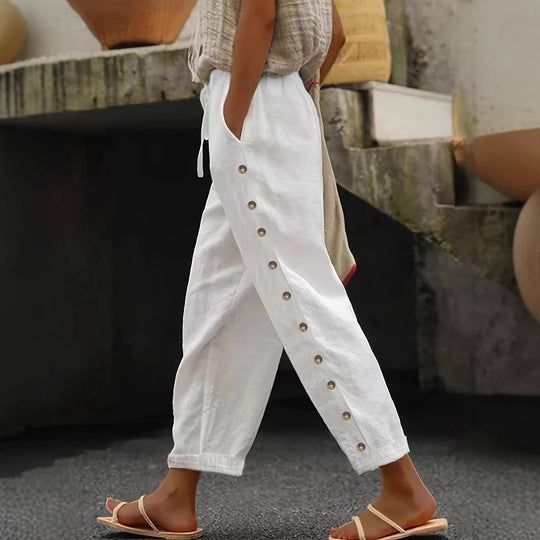 Damen Modische Palazzo-Hose mit Knopfdetails und elastischem Bund EB