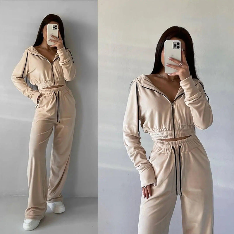 Damen Samt-Loungewear-Set mit Cropped Zip-Kapuzenjacke und weiter Palazzohose EB