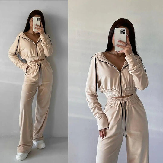 Damen Samt-Loungewear-Set mit Cropped Zip-Kapuzenjacke und weiter Palazzohose EB