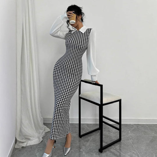 Damen elegantes Midirkleid mit glänzenden Puffärmeln EB