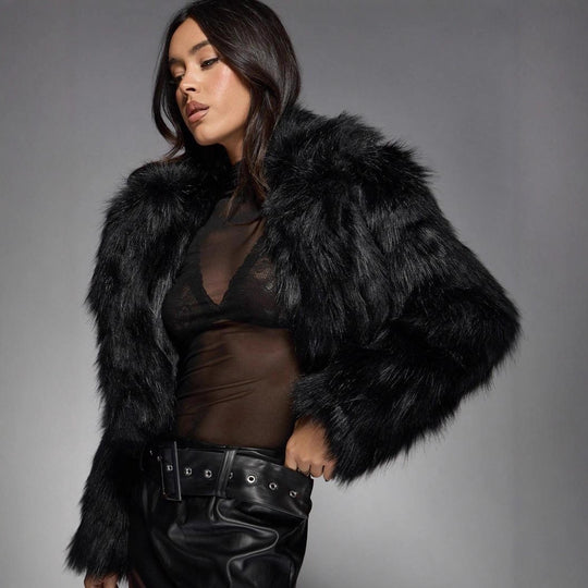Damen Modische Kurzjacke mit glamourösem Kunstfell EB