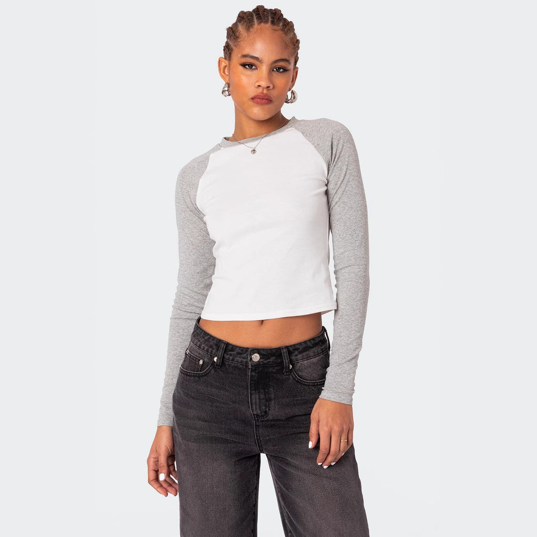 Damen Langarmshirt mit Kontrastärmeln und figurbetontem Schnitt EB