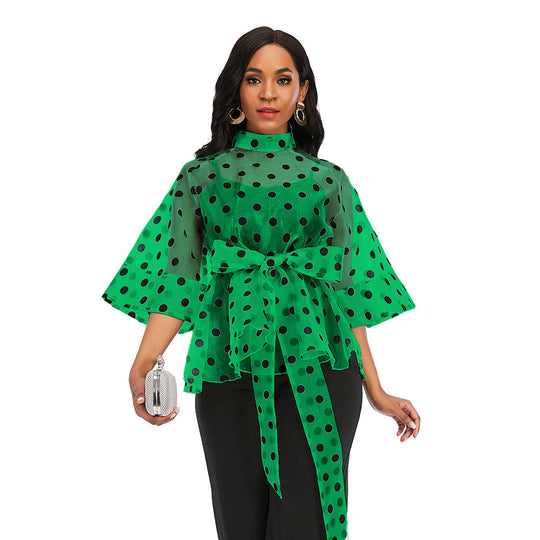 Damen Modische Bluse mit transparentem Design und auffälligem Taillenband EB