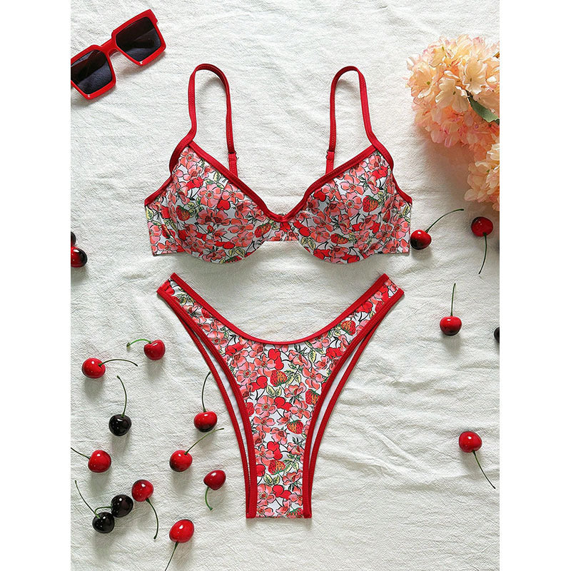 Damen Blumenmuster Bikini-Set mit elegantem Bustier-Oberteil und niedrigem Slip EB